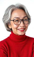 Obraz premium Smiling Senior Asian Woman Red Turtleneck Isolated A medium close-up photo shows a smiling senior Asian woman with grey hair