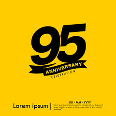 95th years anniversary celebration emblem. congratulations anniversary logo isolated with ribbon on yellow background. vector illustration template design for web, flyers, poster, greeting card
