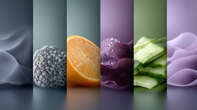 A stylized still life composition featuring six vertical panels;  each showcases a different element ? abstract fabric, a unique flower-like object