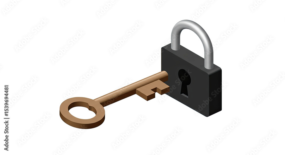 Poster isometric illustration of a key unlocking a padlock against a black background