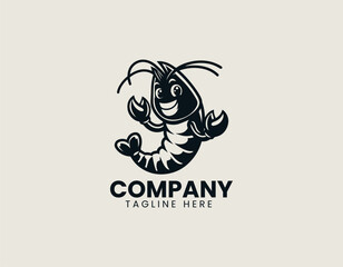 Fototapeta premium A cheerful black shrimp mascot character with friendly smile and bold outlines designed as vector logo illustration