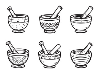 Botanical pharmacy mortar and pestle outline drawing vector