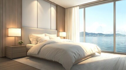 Modern bedroom with panoramic water view.
