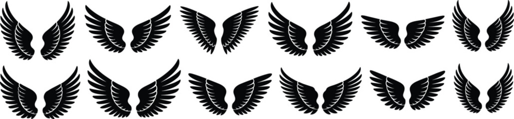 Collection of Black and White Stylized Angel and Bird Wing Silhouettes, Versatile Feathered Designs for Graphic Art, Logos, and Symbolic Concepts.