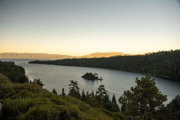 Sunset over Emerald Bay with Fannette Island silhouetted beneath a glowing Lake Tahoe sky, July 31, 2020