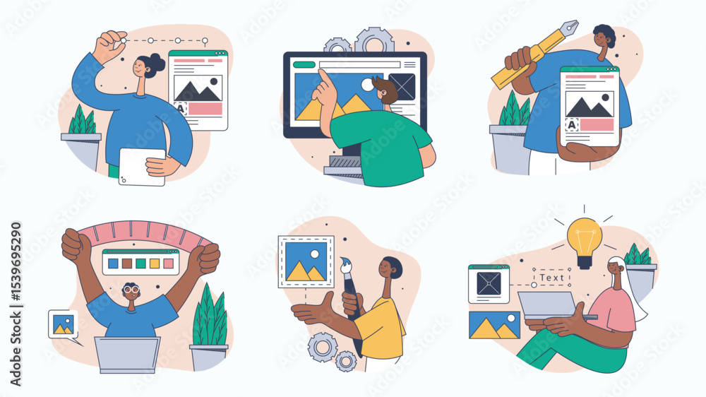 Poster Creative design studio concept set for web design. Collection with people creating content and new project visualization, brainstorming, more. Flat vector illustration isolated on white background.