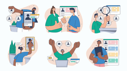 Online recruitment concept set for web design. Collection with people searching best cv, candidate interview, hiring employee in staff, more. Flat vector illustration isolated on white background.