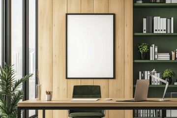 Modern office space with blank framed poster