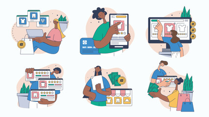 Online shopping concept set for web design. Collection with people choosing and buying products, ordering in app, paying in mobile banking, more. Flat vector illustration isolated on white background.