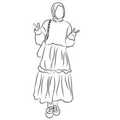 Minimalist Line Art of a Hijabi Woman in Casual Outfit Showing Peace Sign