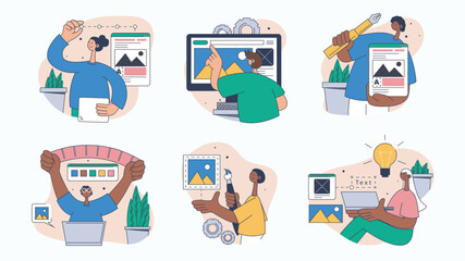Creative design studio concept set for web design. Collection with people creating content and new project visualization, brainstorming, more. Flat vector illustration isolated on white background.