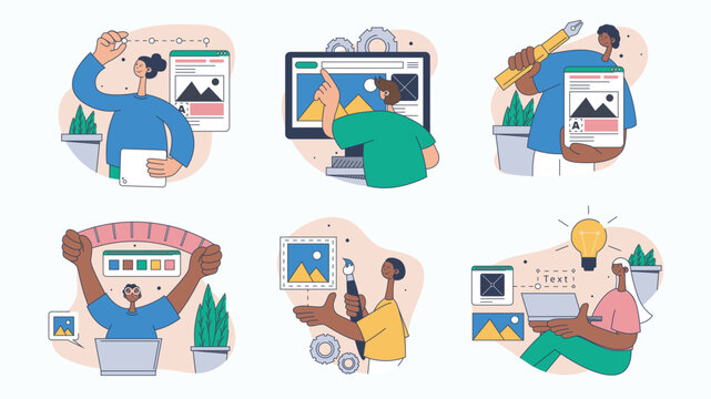 Creative design studio concept set for web design. Collection with people creating content and new project visualization, brainstorming, more. Flat vector illustration isolated on white background.