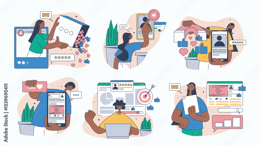 Poster social media influence concept set for web design. collection with people developing blogs, making a