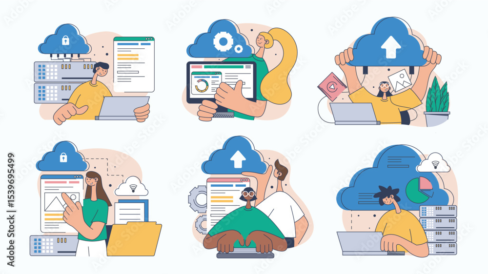 Aufkleber Cloud computing concept set for web design. Collection with people processing online, making sync, sharing files, using database server, more. Flat vector illustration isolated on white background.