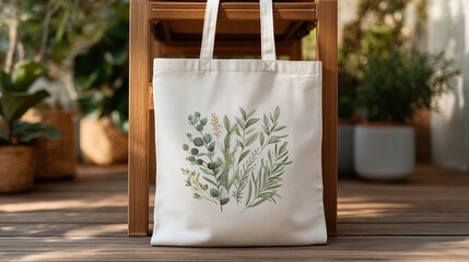 tote bag mockup with hand-illustrated healing herbs print, on rustic wooden chair, warm natural lighting