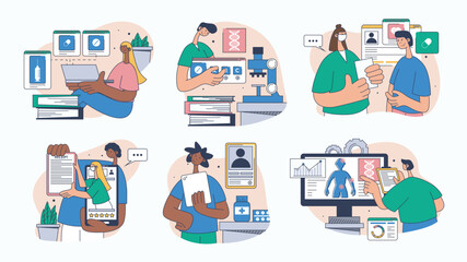 Medical technology concept set for web design. Collection with people ordering in online pharmacy, doctor consultation, patient therapy, more. Flat vector illustration isolated on white background.