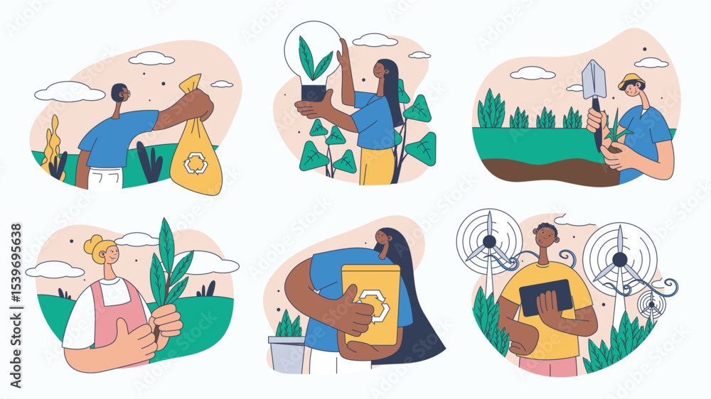 Poster world environment day concept set for web design. collection with picking garbage, recycling, using 