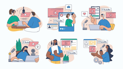 Video and podcast concept set for web design. Collection with people broadcasting online, recording talks in mic at studio, streaming live, more. Flat vector illustration isolated on white background.