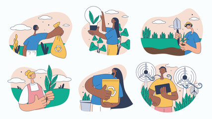 Fototapeta premium World environment day concept set for web design. Collection with picking garbage, recycling, using alternative energy, organic farming, more. Flat vector illustration isolated on white background.