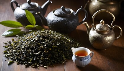 Tea leaves, tea, and an antique teapot