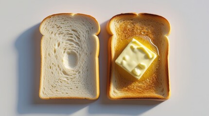 Two slices of toast: one plain and one with butter, symbolizing a simple breakfast.