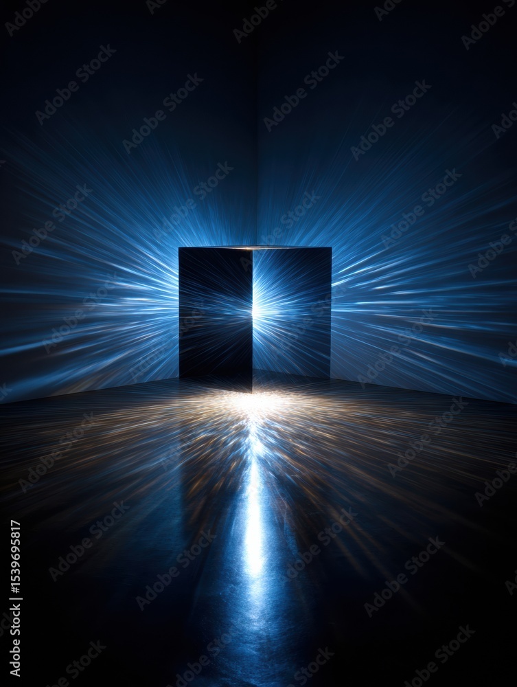 Aufkleber Spinning Cube Reveals Bright Light in a Dark Room, Creating a Captivating Visual Display of Illumination and Motion
