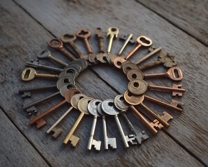 A circle of vintage keys arranged on a weathered wooden surface creating a pattern and texture display