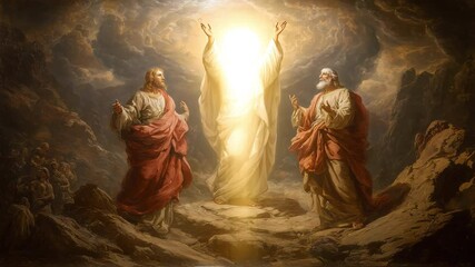 The Transfiguration scene of Jesus flanked by radiant figures on a mountaintop surrounded by heavenly clouds, one glowing, raising his arms and ascending in golden light