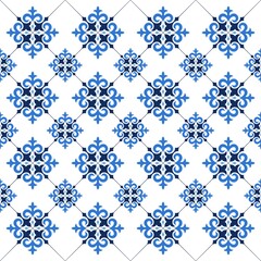 Mediterranean floral seamless pattern of blue red and yellow tiles. Ethnic mosaic design of Portuguese, Italian, Spanish decorative motifs. Ornament for home textile or ceramic. Vector illustration