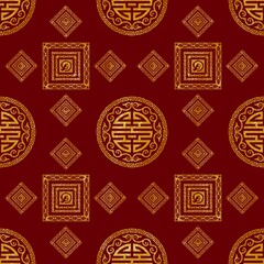 Elegant Chinese Golden Mandala and Cloud Pattern on Red Background, Traditional Asian Seamless Design