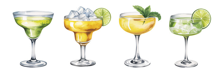 Delightful Watercolor Cocktails Lime Margarita Mojito Daiquiri Summer Drinks Menu Design, transparent background