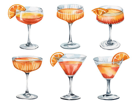Delightful Watercolor Aperol Spritz Cocktails Garnished with Orange Slices Perfect for Summer Drink Menus and Bar Decor, transparent background