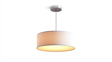 Modern beige fabric pendant lamp with chrome ceiling rose, isolated on white background.