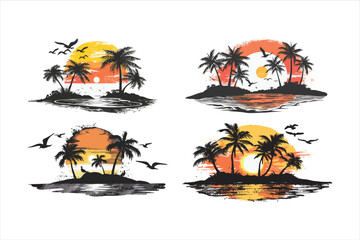 tropical island with palm trees and sun