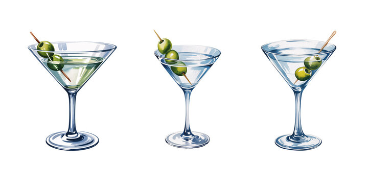 Elegant Martini Glasses with Olives Cocktail Drink Menu Design for Bars Restaurants, transparent background