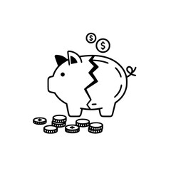 Obraz premium Vector illustration of a piggy bank with crack or broken half, and coins falling out, outline style - economic crisis, recession, or personal financial loss concept