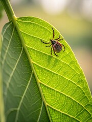 Fototapeta premium Tick on a leaf in spring, close-up on a green leaf 