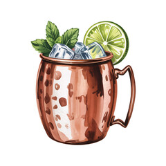 Refreshing Moscow Mule Cocktail in Copper Mug with Lime and Mint Garnish perfect for summer drinks menu design, transparent background