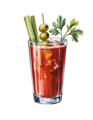 Refreshing Bloody Mary Cocktail Garnish Celery Olives Parsley Ice Drink Recipe Illustration, transparent background