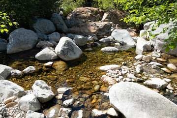 Sunlit creek flowing over smooth stones and boulders in forest glade, July 30, 2020