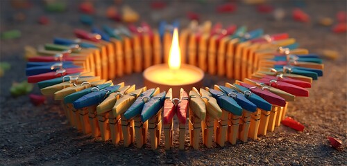 Candle surrounded by colorful clothespins arranged in a circle on a textured surface