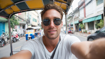 Obraz premium male tourist taking selfie in bangkok thailand