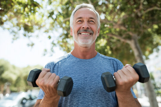 senior man lifting dumbbells in sunny park, smiling, muscular arms close-up, fitness clothing,