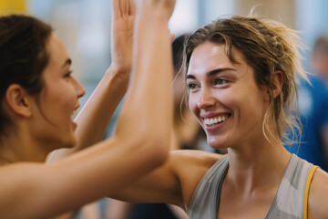 post-workout high-five between two women, sweaty hands and smiles, 
