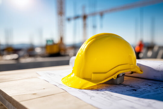 Close up, Yellow helmet and blueprint at a construction site with a sunny background helmet