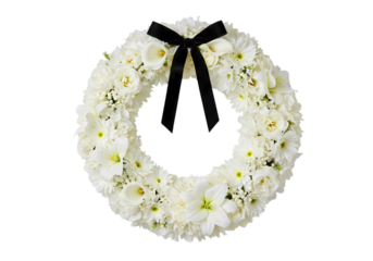 Elegant White Funeral Wreath with Black Ribbon isolated on transparent baackground