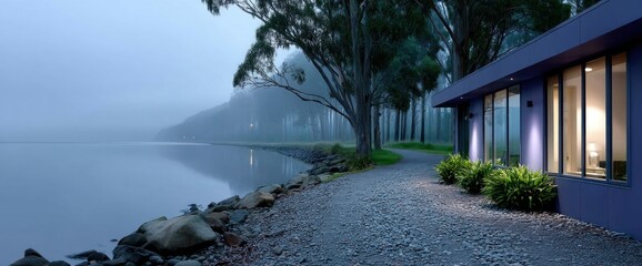 Serene lakeside dwelling at twilight, fog shrouding distant hills, modern architecture with large windows illuminated, gravel path leading to the structure, large rocks along the water's edge