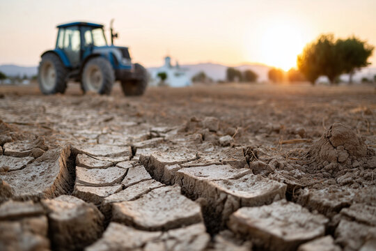 cracked dry farmland during severe drought, abandoned tractor in background, golden hour, 50mm, f/2.0, ISO 200 - Powered by Adobe
