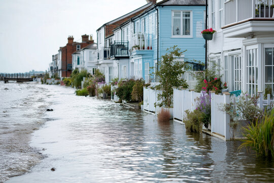 coastal luxury houses with rising tide flooding gardens, sea level rise impact, 50mm, f/2.2, ISO 200