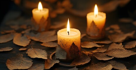 Warm candlelight and autumn leaves create a cozy, rustic ambiance perfect for fall celebrations.